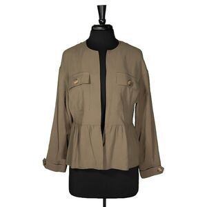 Zara Women's Jacket Oliver Army Green Open Front Pockets Peplum Blazer Small